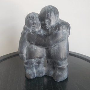 VTG Ceramic Native Inuit Folk Art Figurine Eskimo Hugging Friends Matte Glaze